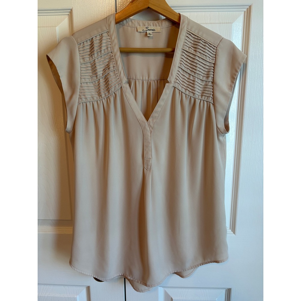 Serein Women Tan Beige Pleated V-Neck Blouse Cap Sleeve Top Size Medium